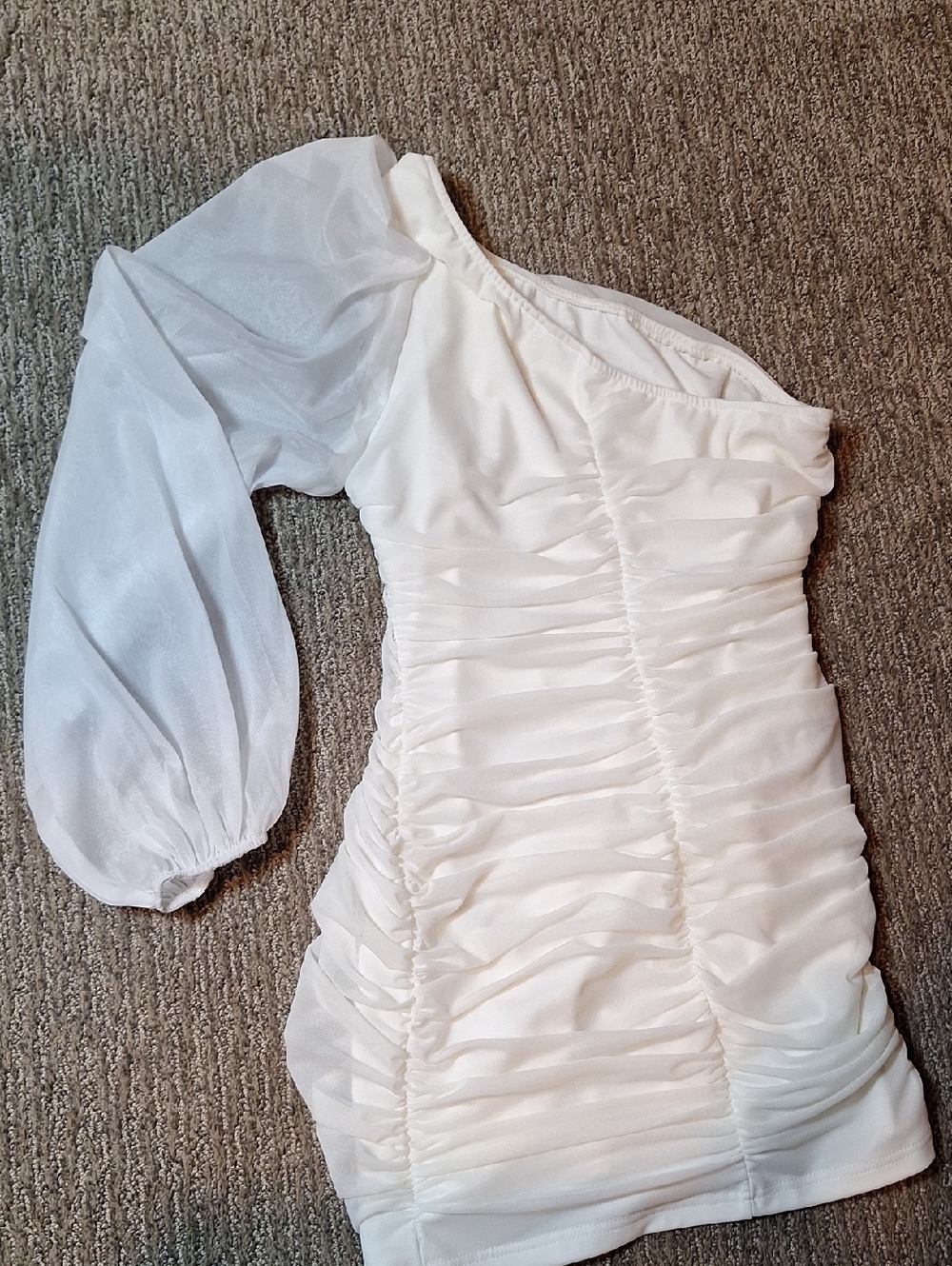 White One-Shoulder Ruched Dress with Sheer Puff Sleeve